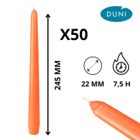 Coffret de 50 bougies orange prêtes à l’usage événementiel.