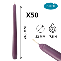 Coffret de 50 bougies DUNI prune pour événements raffinés.