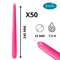 Coffret de 50 bougies fuchsia prêt pour événementiel.