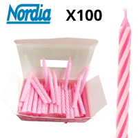 Lot de 100 bougies roses bicolores conditionnées en boîte.