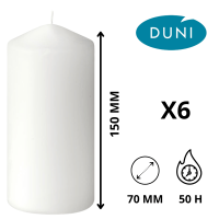 Bougie Cylindre Blanche 150 x Ø 70 mm - (Lot de 6) - Durée 50h - Avec dimensions