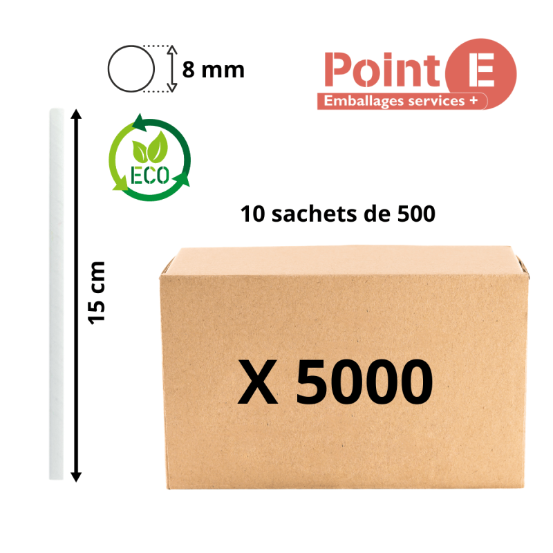 Pailles Droites en Carton Blanc Ø8 mm x 15 cm - Lot de 5000