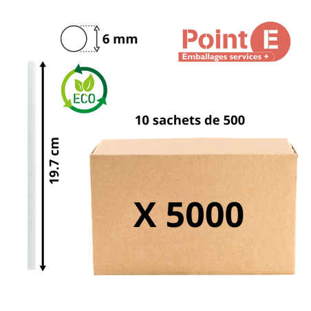 Pailles Droites en Carton Blanc Ø6 mm x 19.7 cm - X5000