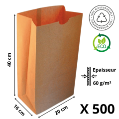 Sacs SOS Kraft Brun 20+16+40 - Lot de 500 - Emballage Alimen