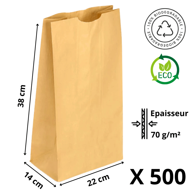 Sacs SOS Kraft Brun 22+14+38 - Lot de 500 - Emballage Durable