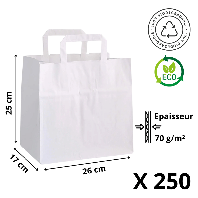 Sac en Papier Kraft Blanc - Fond Large - 26x17x25 cm - Lot de 250