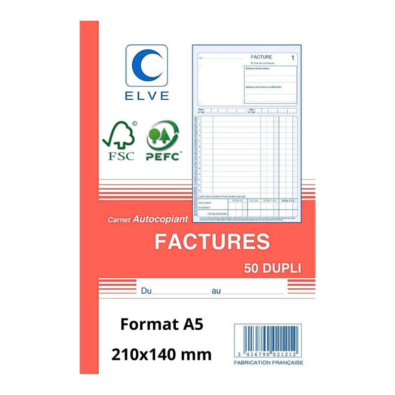 Carnet de Factures Autocopiant Elve - Format A5 (210x140 mm)