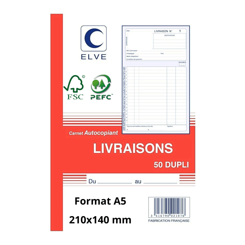 Carnet de Bons de Livraison ELVE - Format A5 (210x140 mm) - Duplicata