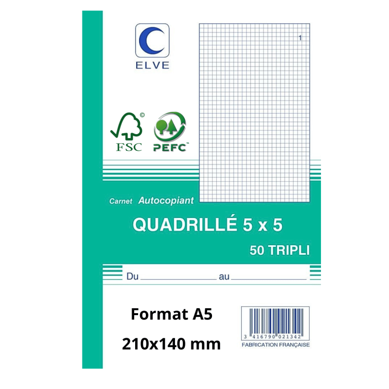 Carnet Quadrillé Autocopiant Tripli ELVE - Format A5 (210 x 