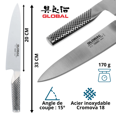 Global Série G Couteau De Cuisine G2 Inox 20 Cm - Précision. Vue de face et manche