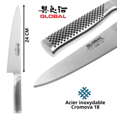 Global G16 - Couteau De Chef Japonais Lame 24 Cm. Vue de face avec des détails.