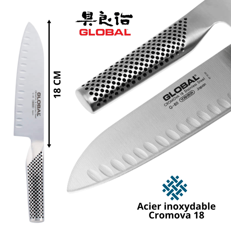 Global G80 - Couteau Santoku Japonais Lame Alvéolée 18 Cm