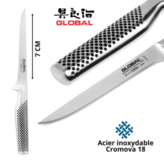 Global GF31 - Couteau À Désosser Japonais Lame 16 Cm. Vue de face et zoom en détail de la lame et du manche.