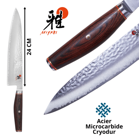 Miyabi 6000 MCT Gyutoh 24 Cm - Couteau De Chef Japonais - Vue de face avec détails et vue rapprochée sur le manche et la lame