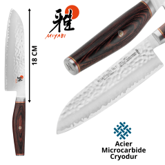 Miyabi 6000 MCT - Couteau Santoku Japonais Lame 18 cm - Vue de face sur le manche et la lame avec dimension