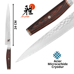 Miyabi 6000 MCT - Couteau Sujihiki Japonais - Lame 24 cm - Vue rapprochée et dimension de la lame