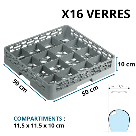 Panier de Base avec Cloisons - Casier 16 Verres - Vue de face avec dimensions et caractéristiques