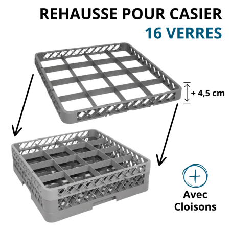 Réhausse avec Cloisons - H 4.5 cm - pour Casiers 16 Verres - Vue d'ensemble avec dimensions et caractéristiques