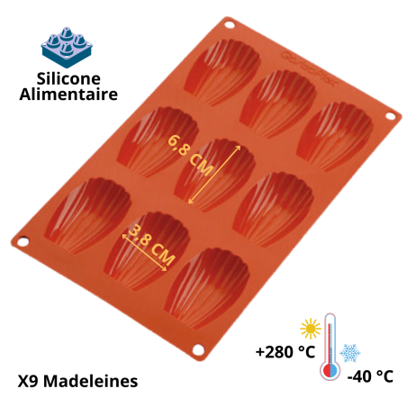 Gastroflex - Plaque GN 1/3 325x176 - 9 Madeleines 6,8x3,8 cm - Matfer - Vue de face avec les caractéristiques