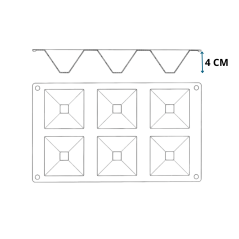 Gastroflex Plaque GN 1/3 - 6 Pyramides 7x7x4 cm - Matfer - Vue schématisé avec profondeur du moule