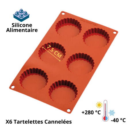 Gastroflex Plaque GN 1/3 - 6 Tartelettes Cannelées 7,5 cm - Matfer - Vue de face avec caractéristiques du moule