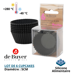 Lot de 6 Cupcakes 5 cm Moulflex Noir - DE BUYER - Vue de face et dans son emballage avec caractéristiques