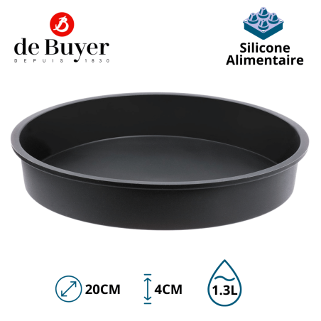 Tourtière ronde à bord lisse - Moul'Flex En Silicone - Noir - Ø20CM - Vue de face avec mention des caractéristiques