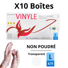 Gants Vinyle Non Poudrés - Taille L - [Lot de 10 Boîtes de 100]