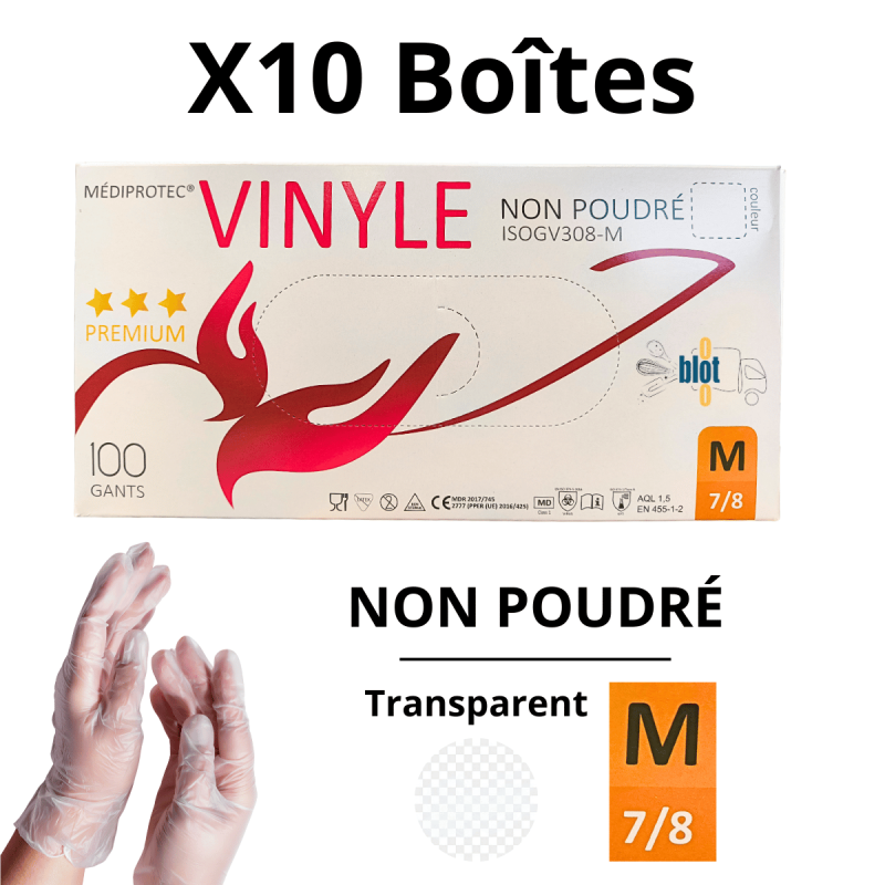 Gants Vinyle Non Poudrés - Taille M - [Lot de 10 Boîtes de 100]