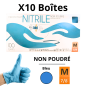 Gants Nitrile Bleu Non Poudrés - Taille M - [Lot de 10 Boîtes de 100]