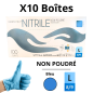 Gants Nitrile Bleu Non Poudrés - Taille L - [Lot de 10 Boîtes de 100]