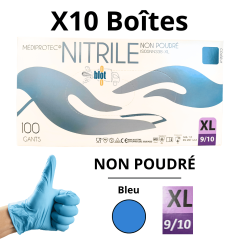 Gants Nitrile Bleu Non Poudrés - Taille XL - [Lot de 10 Boîtes de 100]