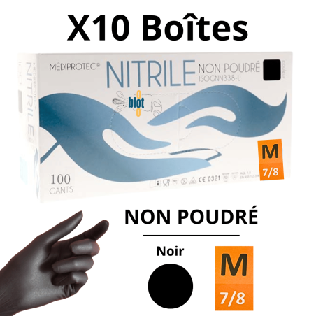 Gants Nitrile Noir Non Poudrés - Taille M - [Lot de 10 Boîtes de 100]