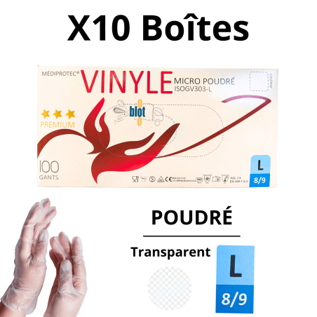 Gants Vinyle Naturel Poudrés - Taille L - [Lot de 10 Boîtes de 100]