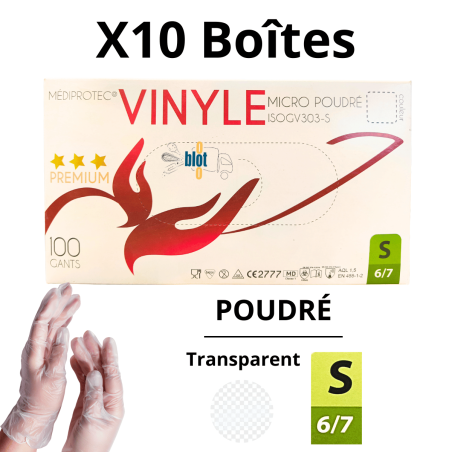 Gants Vinyle Naturel Poudrés - Taille S - [Lot de 10 Boîtes de 100]