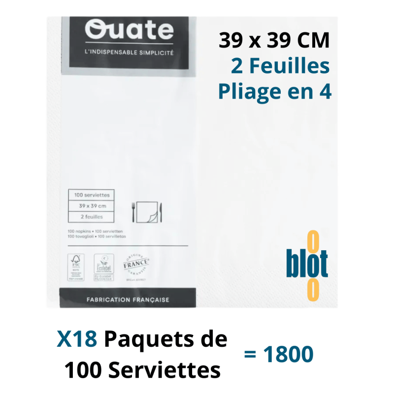 Serviettes Ouate 39x39 cm - Blanc - Lot de 1800 - 2 plis