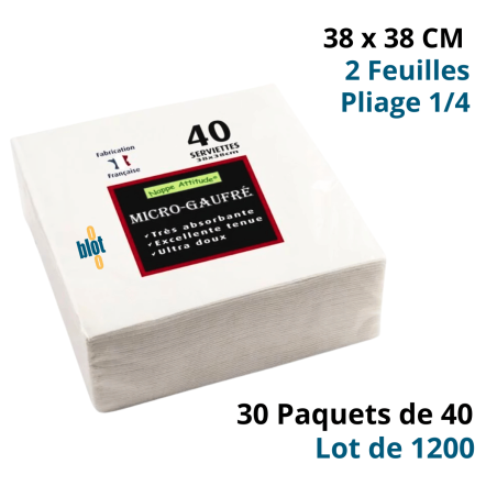 Serviettes de Table Blanches - Micro-Gaufrées 38x38 - Lot de 1200 - Vue paquet