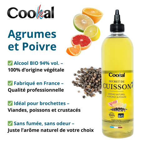 Aromatique de Cuisson BIO - COOKAL - Agrumes & Poivre - 500 ml - Vue principale et caractéristiques