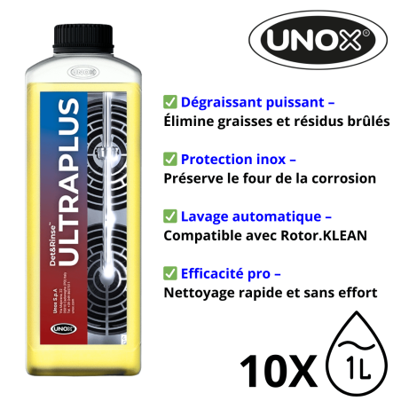 Détergent UNOX DET&RINSE pour fours professionnels, conditionnement 10 bidons.