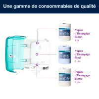 Distributeur Tork Reflex ouvert avec exemples de rouleaux papier compatibles.