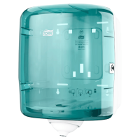 Vue avant du distributeur Tork Reflex turquoise, design mural sécurisé.
