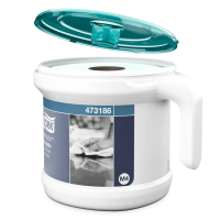 Distributeur portable Tork Reflex avec couvercle turquoise relevé.