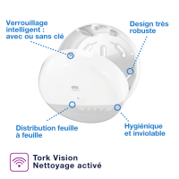 Distributeur Tork SmartOne T8 ouvert avec légendes des fonctionnalités clés.