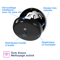 Distributeur Tork noir – Verrouillable et hygiénique, avec ouverture sécurisée.