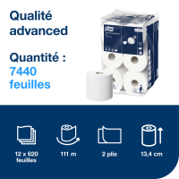 Dimensions, quantité et caractéristiques du papier toilette Tork SmartOne Mini.