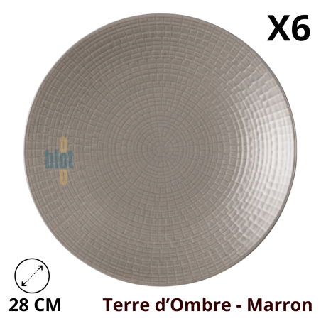 Lot de 6 assiettes plates MODULO NATURE TERRE D'OMBRE 28 cm DEGRENNE.