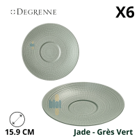 Soucoupe en grès vert jade Ø 15,9 cm à motif mosaïque gravé sous glaçure. Avec caractéristiques