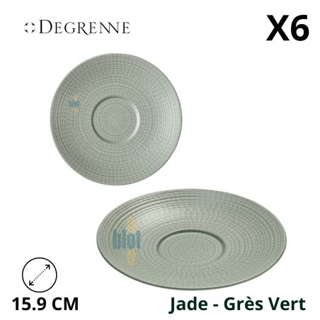 Soucoupe en grès vert jade Ø 15,9 cm à motif mosaïque gravé sous glaçure. Avec caractéristiques