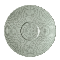 Soucoupe en grès vert jade Ø 15,9 cm à motif mosaïque gravé sous glaçure. En version zoom