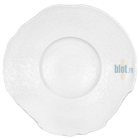 Assiette blanche organique vide sur fond blanc, forme irrégulière et texture mate